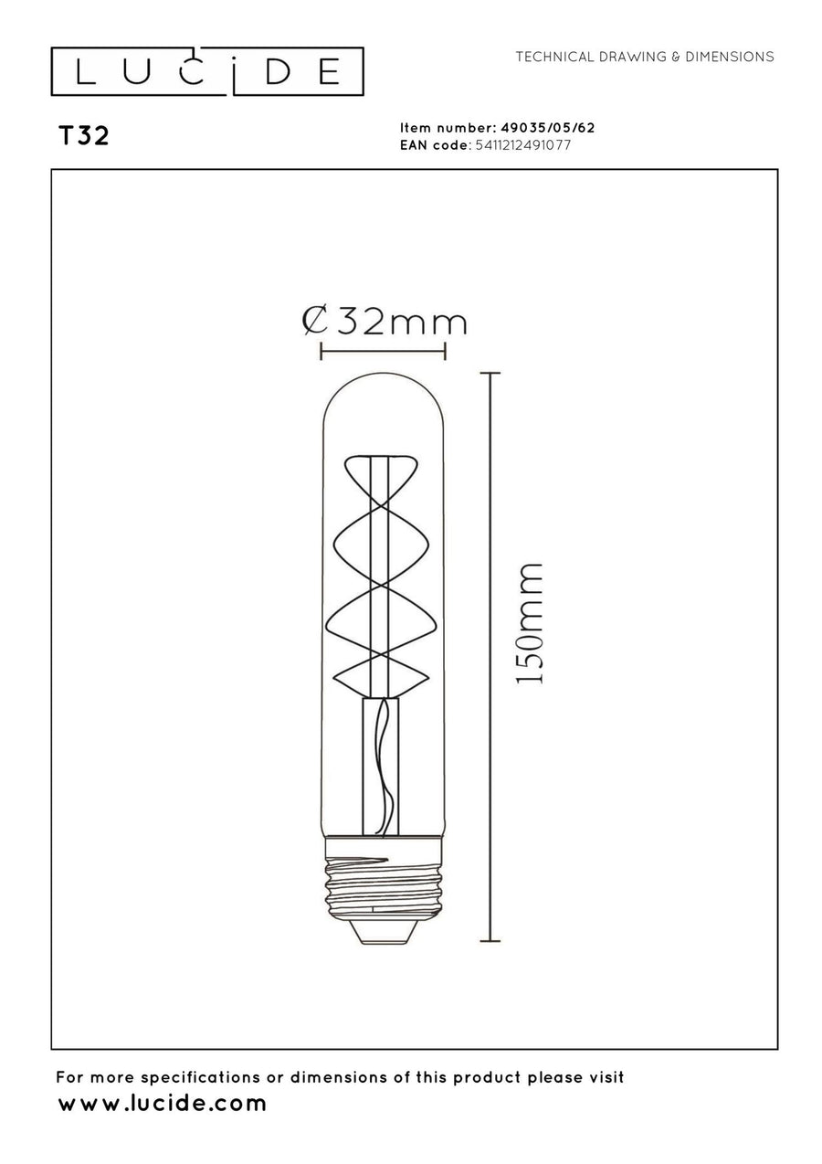 Lucide T32 dimbare LED-filamentlamp E27 Ø 3 cm, 4,9 W, 2200 K, amber