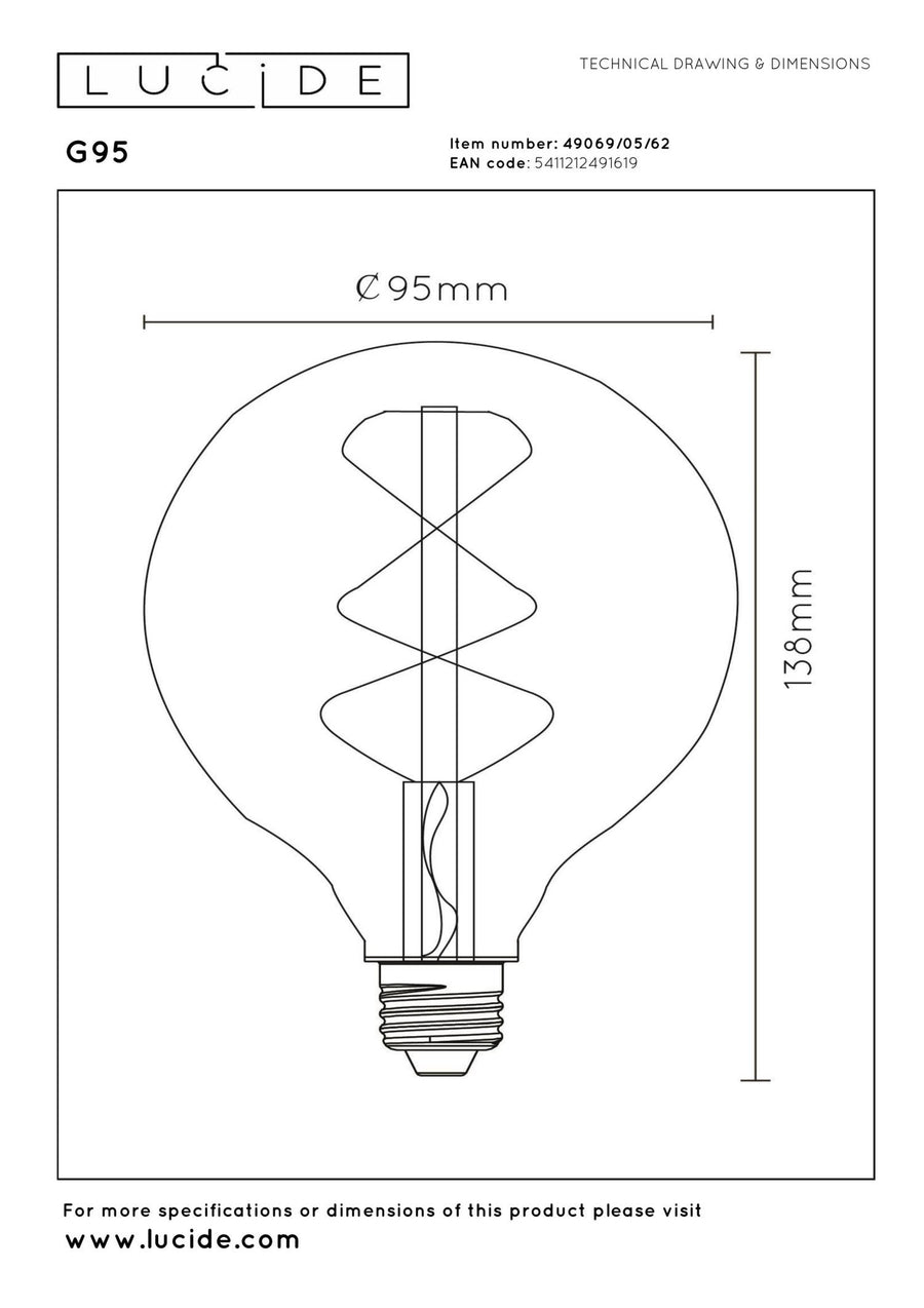 Lucide G95 dimbare LED-filamentlamp E27 Ø 9,5 cm, 5 W, 2700 K, amber