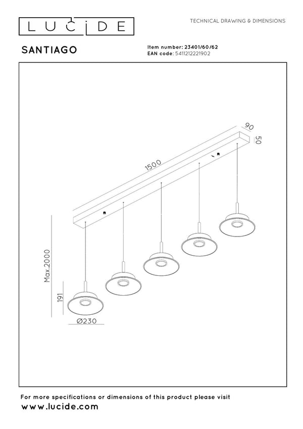 Lucide SANTIAGO dimbare LED-hanglamp 5 × 10 W, 2700–4000 K, amber