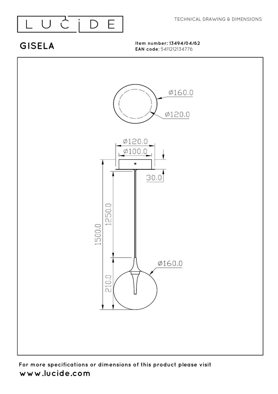 Lucide GISELA dimbare LED-hanglamp Ø 16 cm, 5 W, amber
