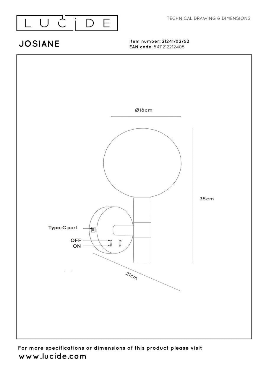 Lucide JOSIANE wandlamp Ø 18 cm, G9, met USB-poort, zwart