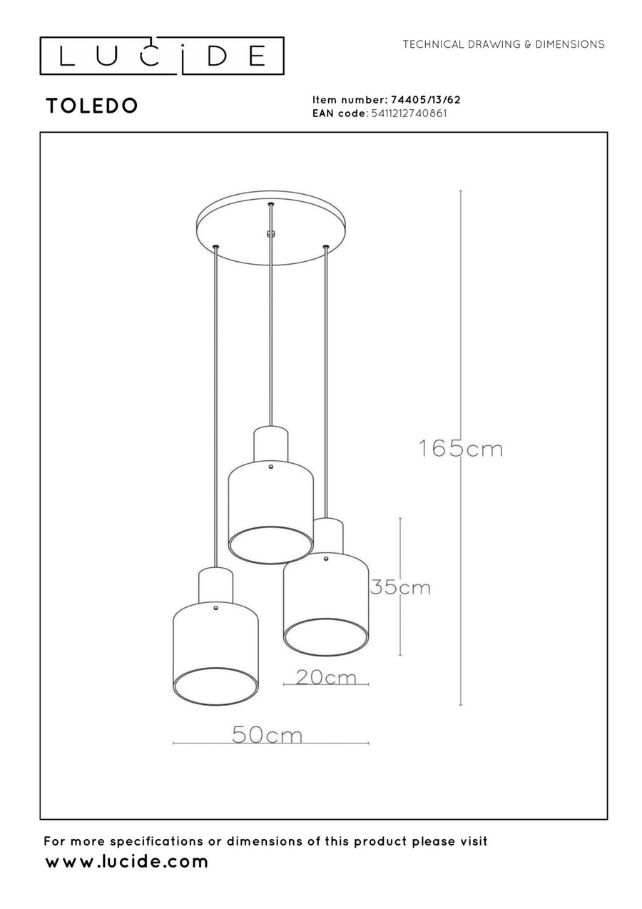 Lucide TOLEDO hanglamp 3 × E27, amber