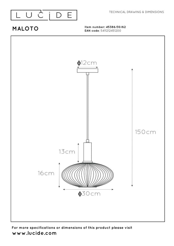 Lucide MALOTO hanglamp Ø 30 cm, E27, amber