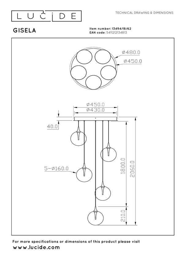 Lucide GISELA dimbare LED-hanglamp Ø 48 cm, 5 × 3,8 W, amber
