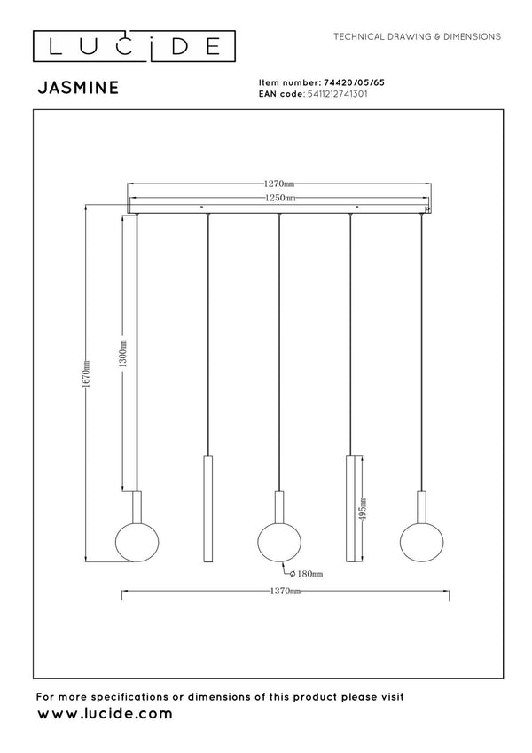 Lucide JASMINE dimbare LED-hanglamp 5 × 4 W, 2200–3300 K, koper