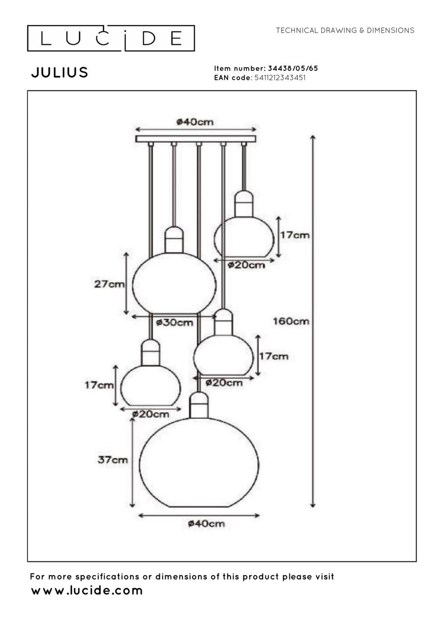 Lucide JULIUS hanglamp 5 × E27, rookgrijs