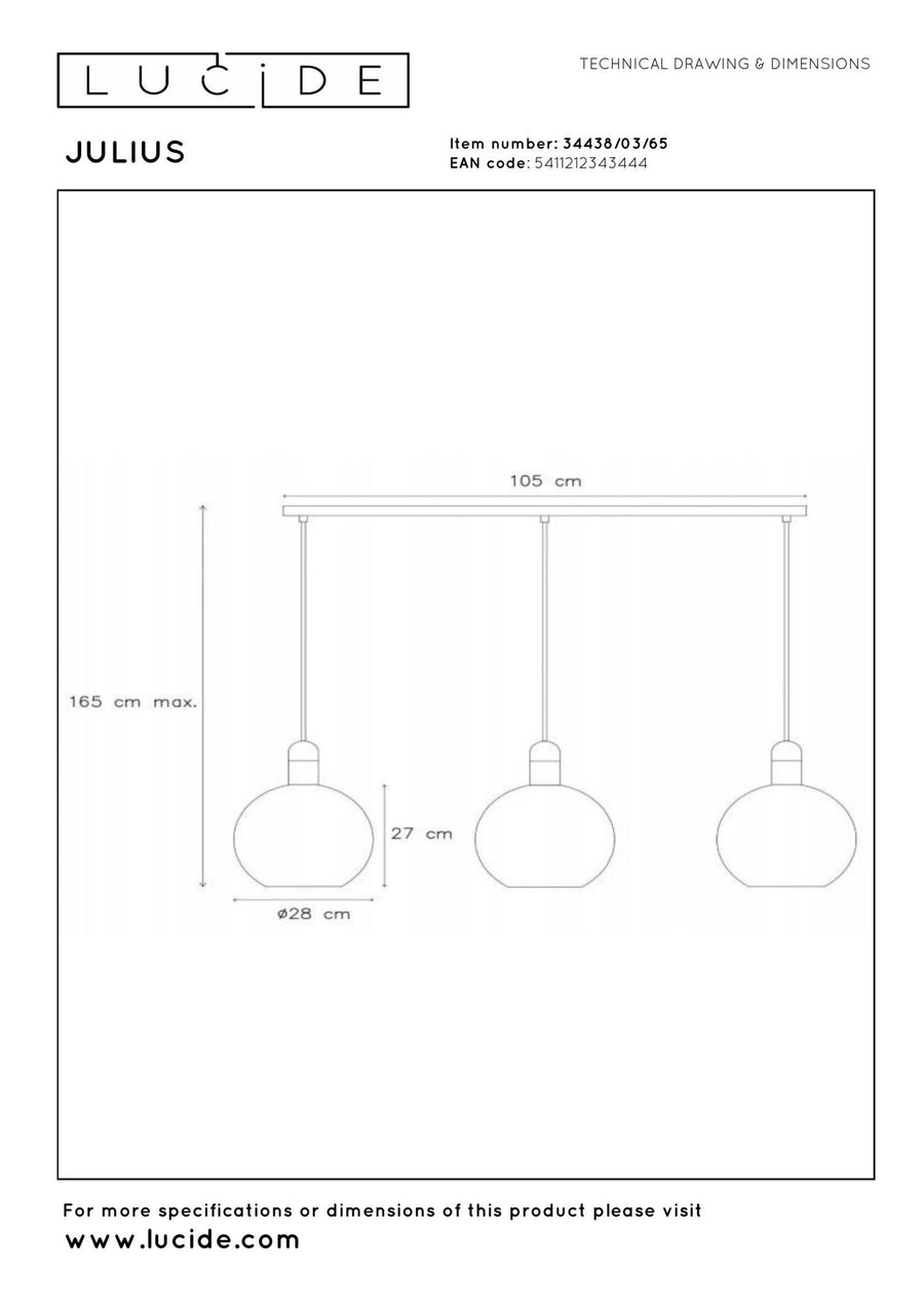 Lucide JULIUS hanglamp 3 × E27, rookgrijs