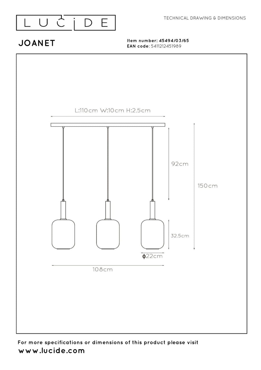 Lucide JOANET hanglamp 3 × E27, rookgrijs