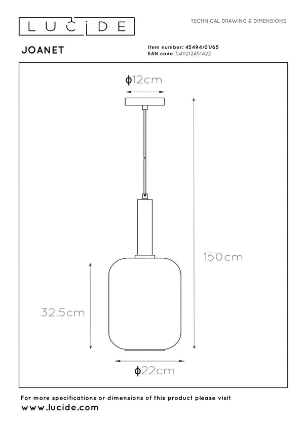 Lucide JOANET hanglamp Ø 22 cm, E27, rookgrijs
