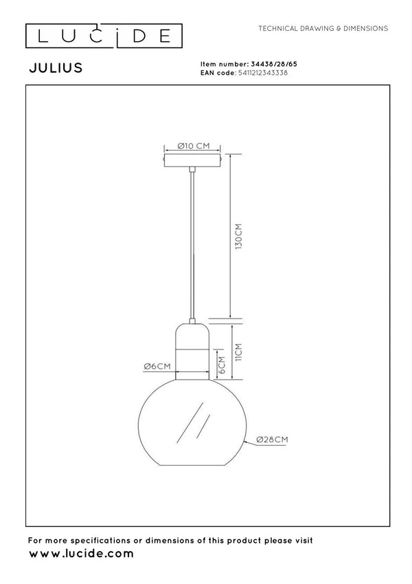 Lucide JULIUS hanglamp Ø 28 cm, E27, rookgrijs