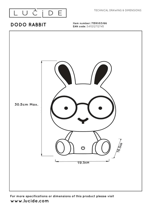 Lucide DODO RABBIT LED-nachtlampje voor kinderen met 3 dimstanden, 3 W, roze