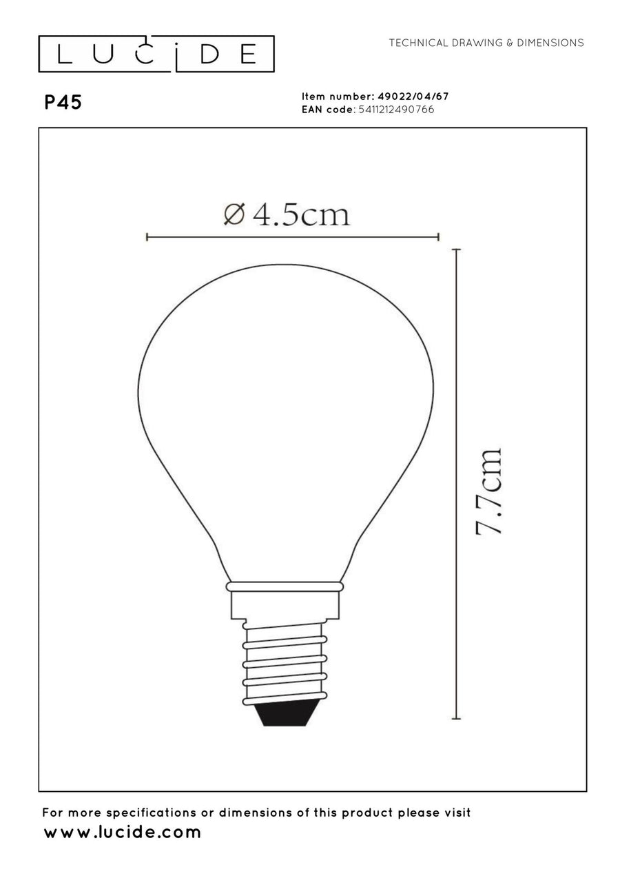 Lucide P45 dimbare LED-filamentlamp E14 Ø 4,5 cm, 4 W, 2700 K, matglas