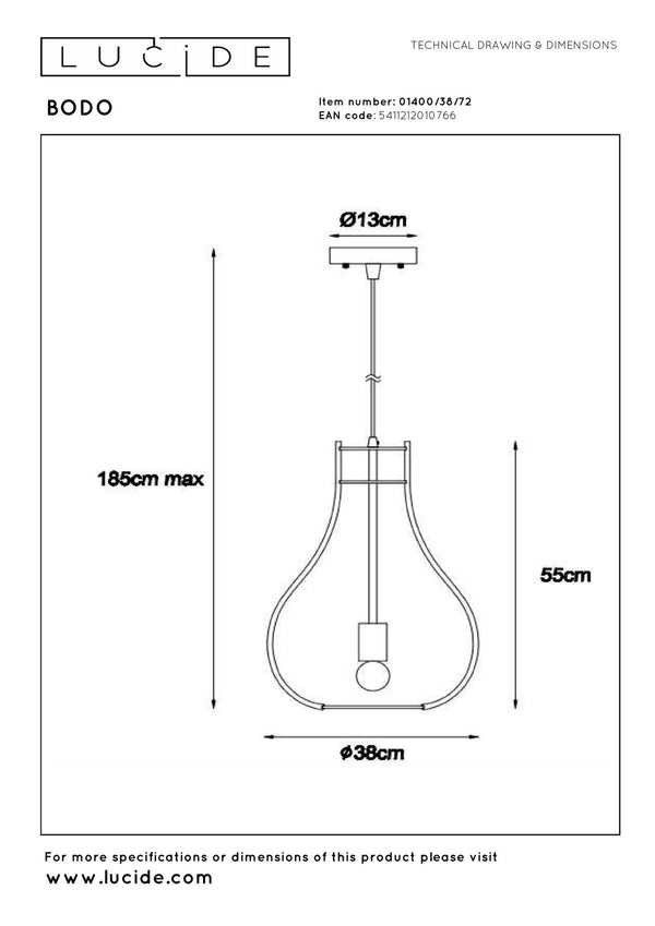 Lucide BODO hanglamp Ø 38 cm, E27, lichte houtlook