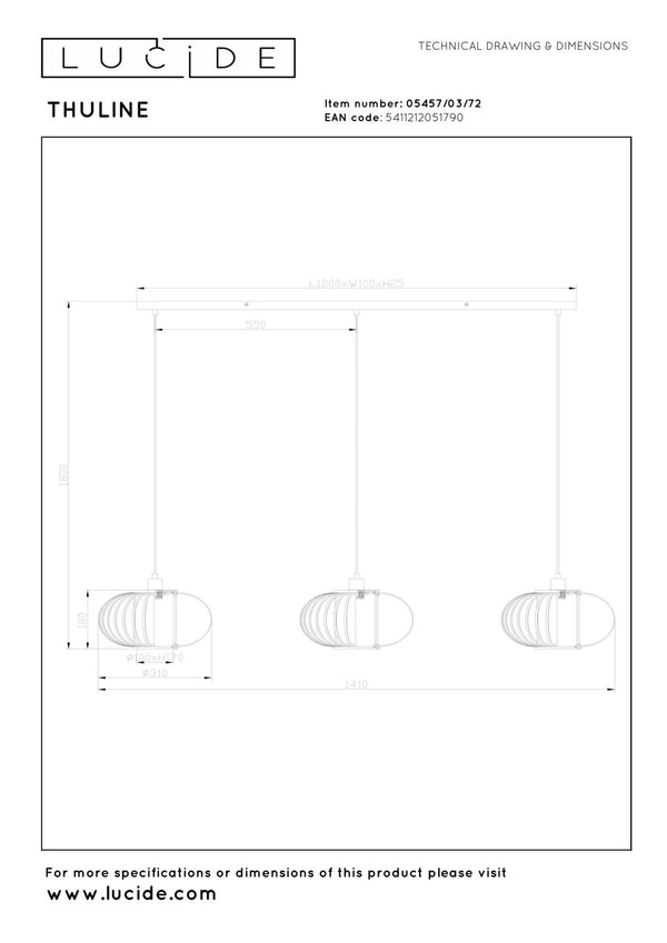 Lucide THULINE hanglamp 3 × E27, lichte houtlook