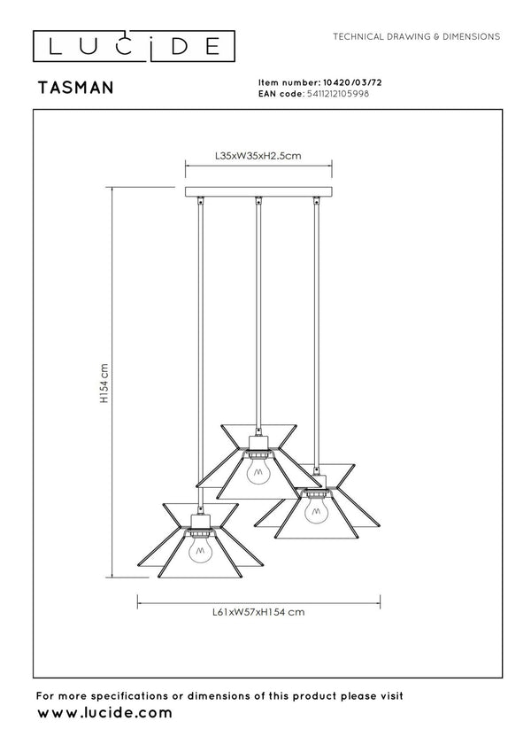 Lucide TASMAN hanglamp 3 × E27, naturel