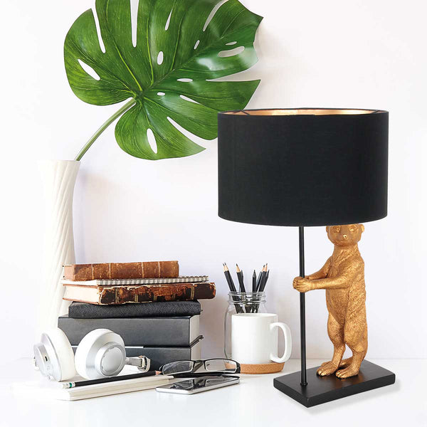 Tafellamp animaux 7202zw - unique lamp met een zwart met goud kleurige linnen kap