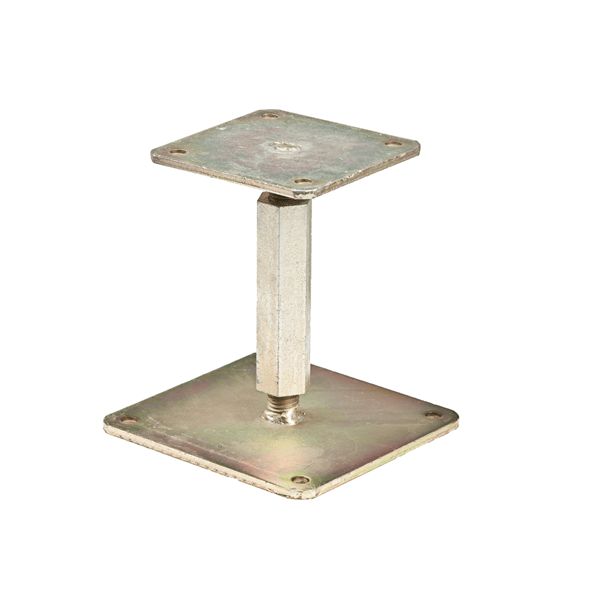 Verstelbare paaldrager in hoogte Type A, Bovenplaat120x120x6mm, Grondplaat 160x160x6mm, Hoogte 140-200mm, verstelbaar met steeksleutel maat 30