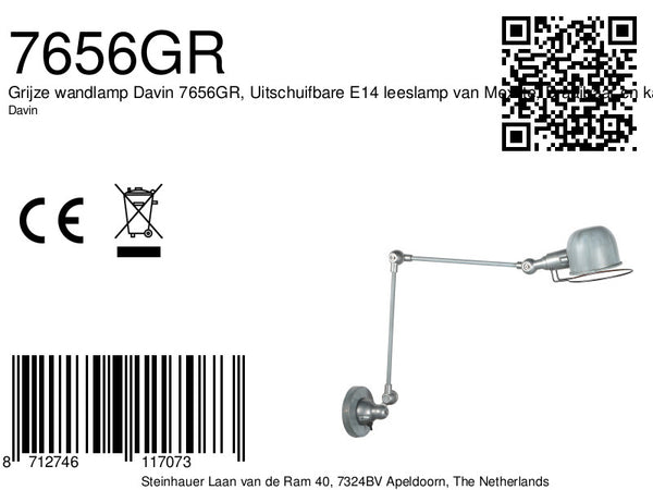 Grijze wandlamp davin 7656gr, uitschuifbare e14 leeslamp