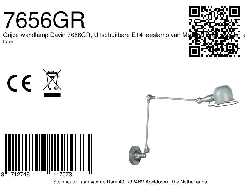 Grijze wandlamp davin 7656gr, uitschuifbare e14 leeslamp