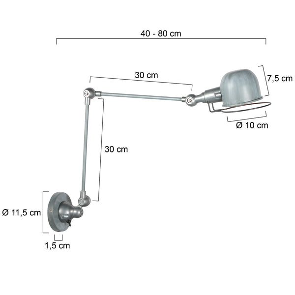 Grijze wandlamp davin 7656gr, uitschuifbare e14 leeslamp