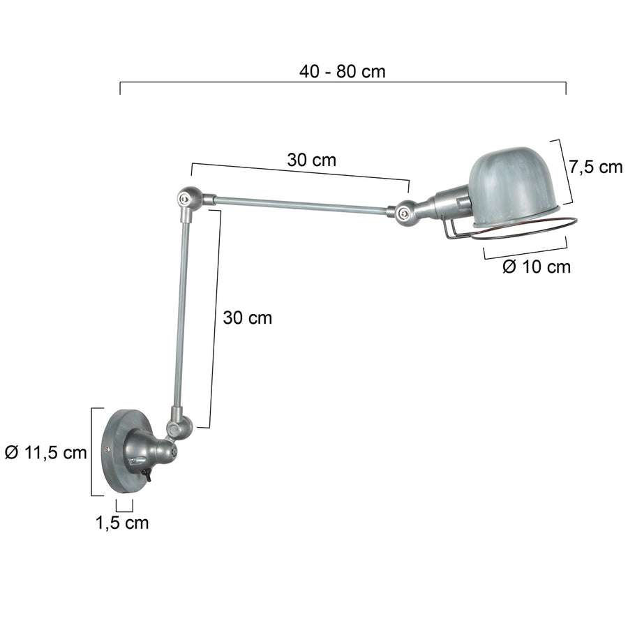 Grijze wandlamp davin 7656gr, uitschuifbare e14 leeslamp