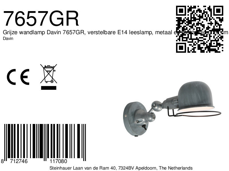 Grijze wandlamp davin 7657gr, verstelbare e14 leeslamp