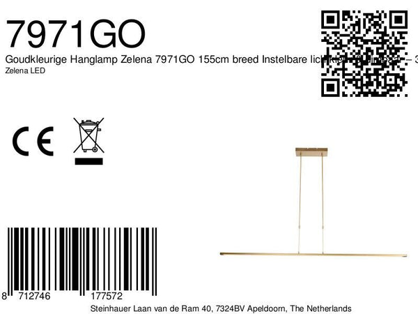 Goudkleurige Hanglamp Zelena 7971GO 155cm breed Instelbare lichtkleur & dimbaar – 3700 lumen