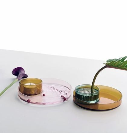 Set amber tray6,5+light pink tray15cm+brass flower frog 5cm