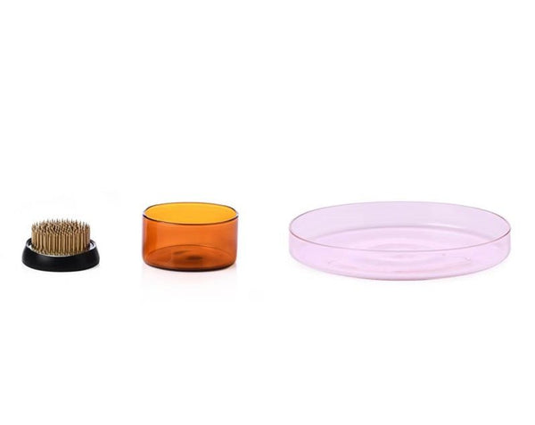 Set amber tray6,5+light pink tray15cm+brass flower frog 5cm