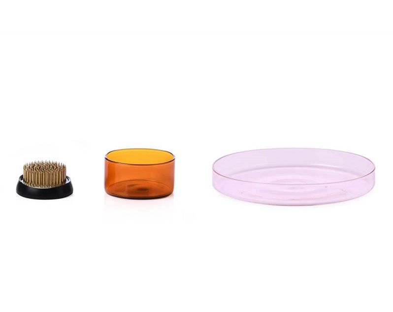 Set amber tray6,5+light pink tray15cm+brass flower frog 5cm