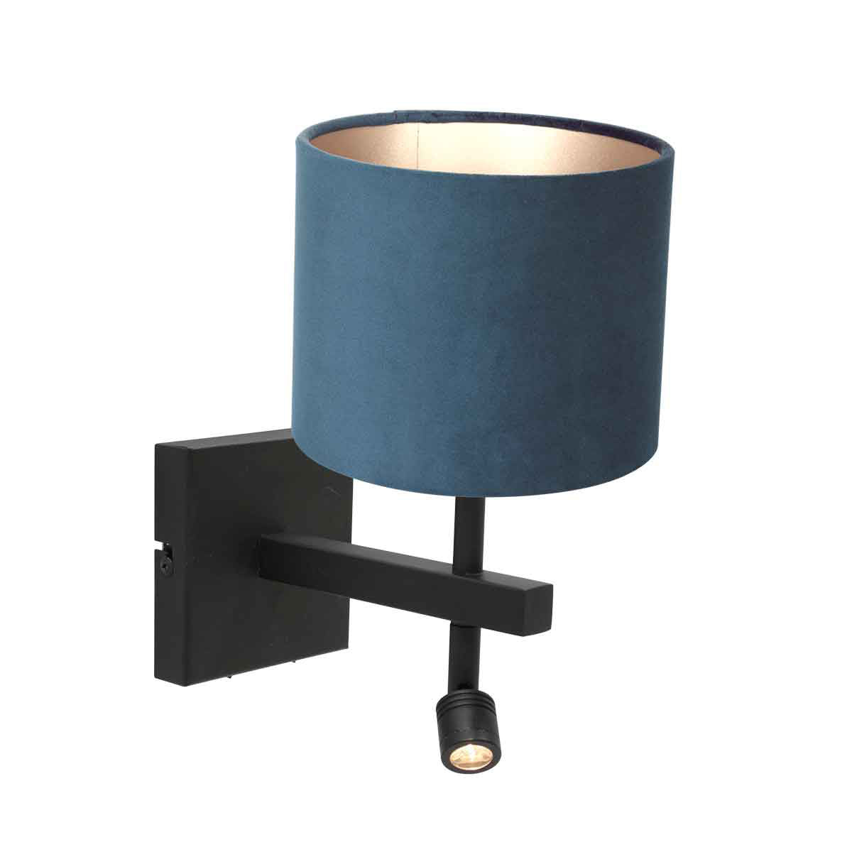 Wandlamp Stang 8208ZW Zwart + Kap Velours Blauw