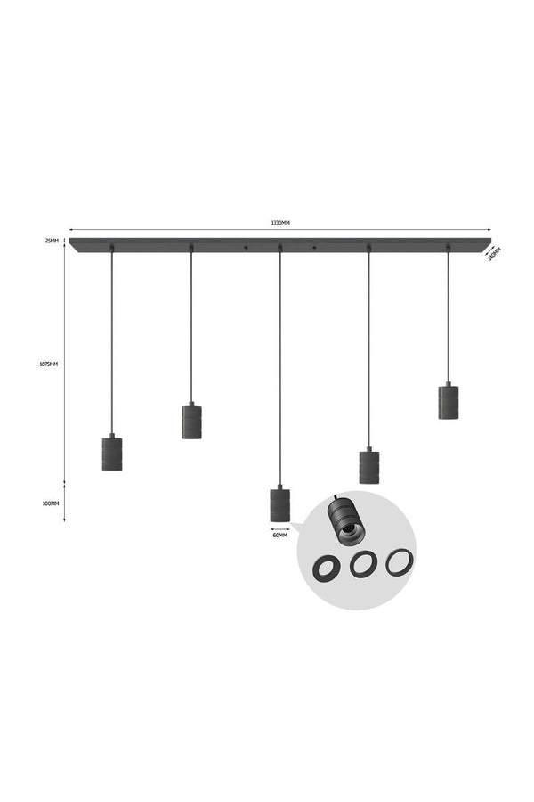 Calex pendule 5 delig 3-rings E27 1330mmx140 mmx25mm matt black
