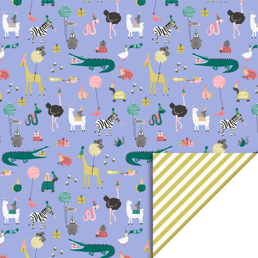 Party Animals Blue - Stripe Yellow