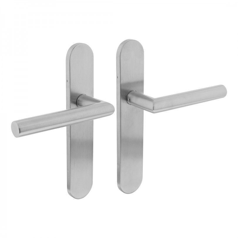 Deurkruk Jura op schild verdekt ovaal 219x40mm met nokken blind rvs