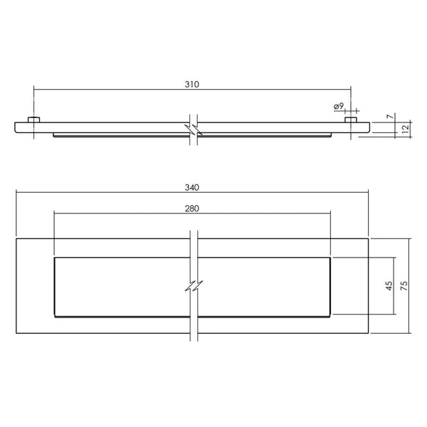 Briefplaat rechthoekig 340x75mm met klep/regenrand structuur zwart