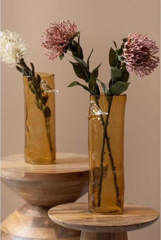 Vase Bird On Branch glass ochre yellow