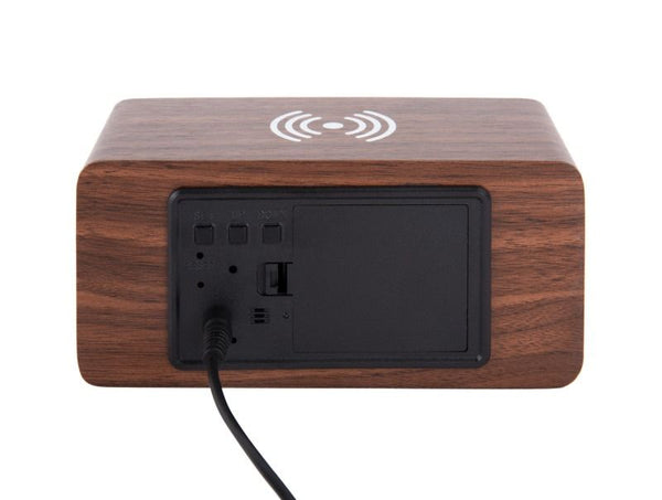 Alarm clock Block w. phone charger LED dark wood veneer, white LED