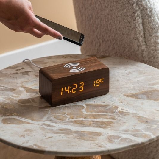 Alarm clock Block w. phone charger LED dark wood veneer, white LED