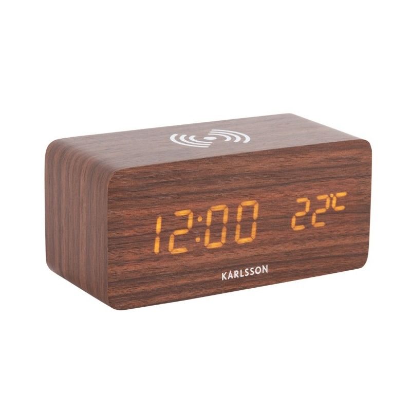 Alarm clock Block w. phone charger LED dark wood veneer, white LED