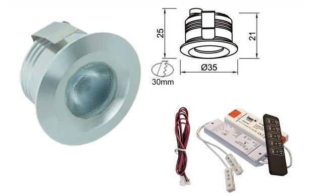 Led verlichting RVS inbouw 42mm set á 12 stuks incl. transformator, afstandbediening en kabels