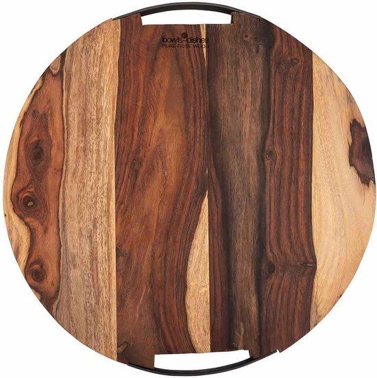 Pure Rose Wood Serveerplank rond 2 metalen handvatten 39 cm