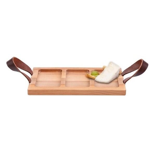 Serveertrays Met Lederen Handgrepen En Vakken 2cm Dik30 X 19,5 Cm - 3 Vakken