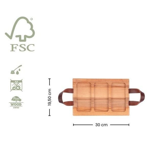 Serveertrays Met Lederen Handgrepen En Vakken 2cm Dik30 X 19,5 Cm - 3 Vakken