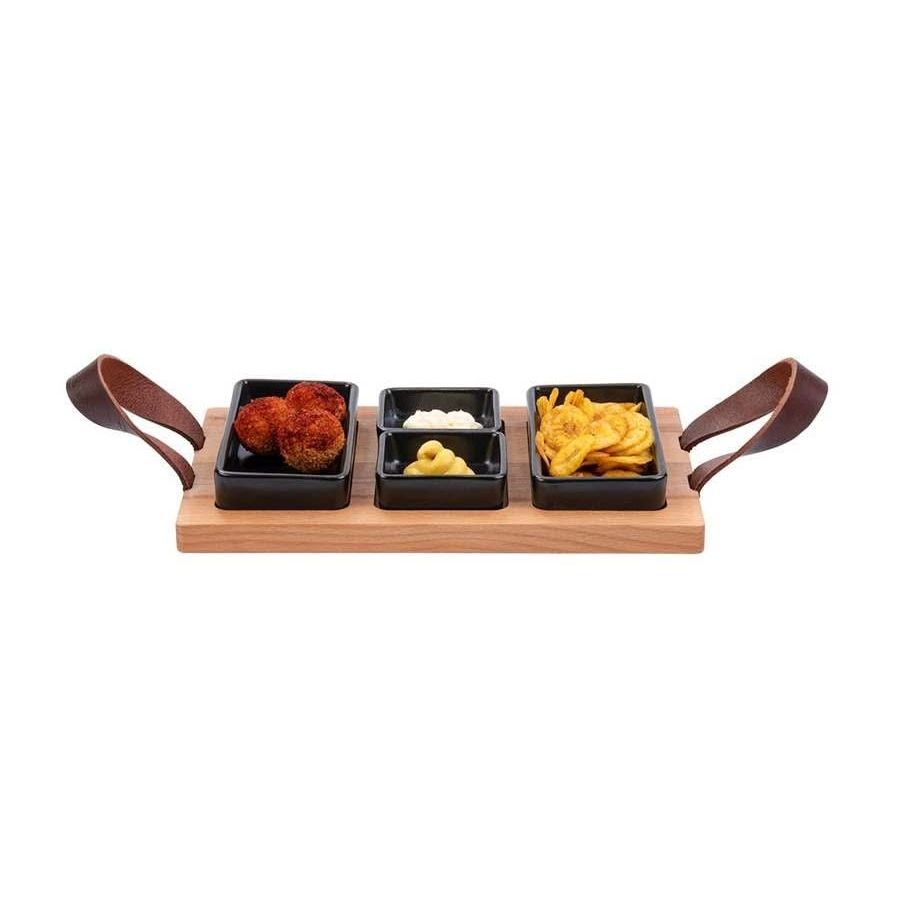 Borreltray 30cm 3-vaks met schaaltjes zwart