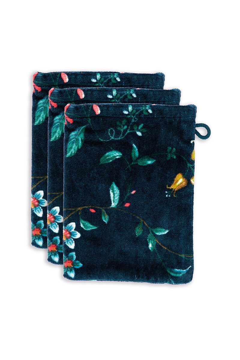 Pip Studio Les Fleurs set of 3 Wash Gloves Dark Blue