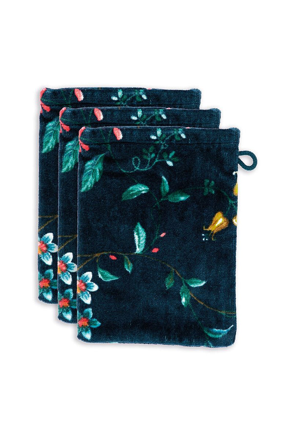 Pip Studio Les Fleurs set of 3 Wash Gloves Dark Blue