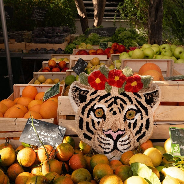 Floral White Tiger Head Rug