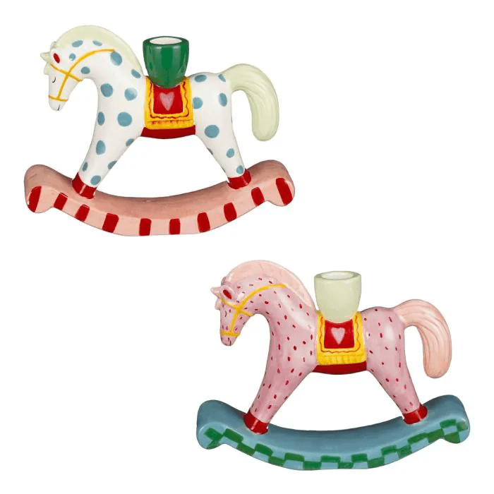 Kandelaar hobbelpaard roze wit 2 assorti - l20,5xb5xh16cm