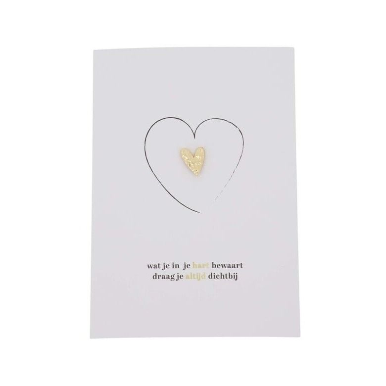 wenskaart broche hartje in je hart wit/zwart/goud
