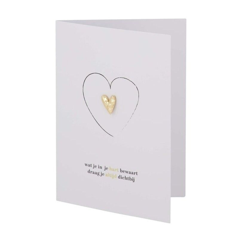 wenskaart broche hartje in je hart wit/zwart/goud